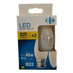 CARREFOUR Ampoules LED Filament Givrées Bougie 4,5W B22-2700K Blanc Pack de 2