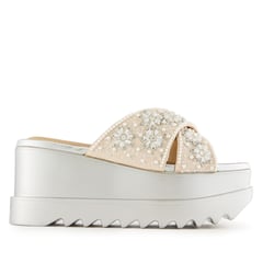 Anaar Luna Sandals – Handcrafted Raw Silk Open Sandals with Pearl Embellishments