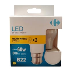 CARREFOUR Ampoule LED B22 6W Blanc Chaud 2700K