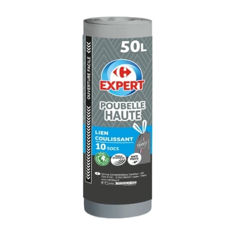 CARREFOUR Sacs Poubelle Haute Coulissant 50 L 100% Recyclés Lot de 10