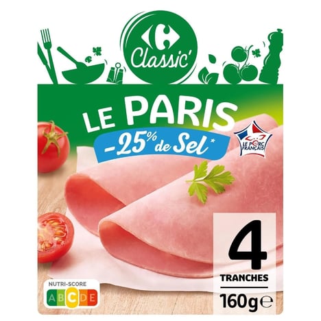CARREFOUR Jambon de Paris Réduit en Sel 4 Tranches 160g