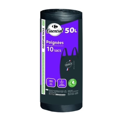 CARREFOUR Sacs Poubelle avec Poignées 50 L 100% Recyclé Lot de 10