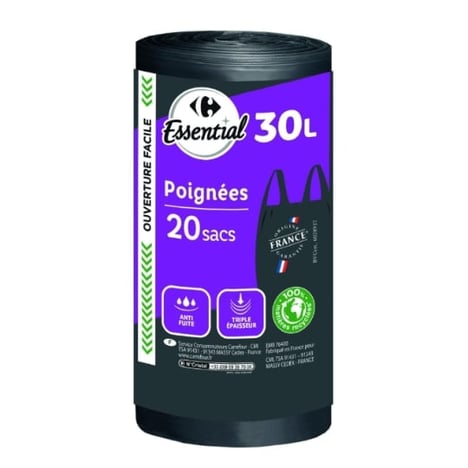 CARREFOUR Sacs Poubelle à Poignées 30 L 100% Recyclés Lot de 20