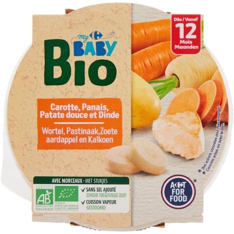 CARREFOUR BABY BIO Assiette Panais-Patate Douce-Dinde 12M+ 230 g
