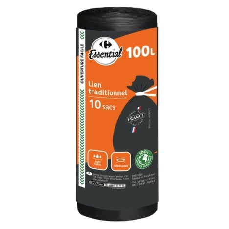 CARREFOUR Sacs Poubelle Traditionnel 100 L 100% Recyclés Lot de 15