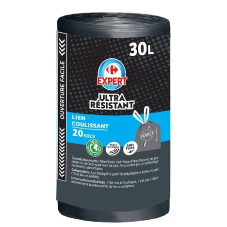 CARREFOUR Sacs Poubelle Coulissants 30 L 100% Recyclé Lot de 20