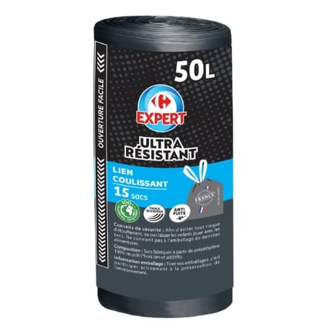 CARREFOUR Sacs Poubelle Coulissant Ultra Résistant 50 L 100% Recyclés Lot de 15
