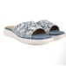 Anaar Mallorca Denim Open Sandals – White Floral Embellished Strap with Scalloped Edge