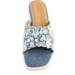 Anaar Mallorca Denim Open Sandals – White Floral Embellished Strap with Scalloped Edge